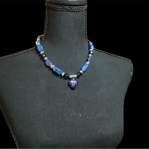 BLUE GLASS BEAD NECKLACE AND MATCHING EARRINGS IN COBALT AND SAPPHIRE BLUE. GIFT